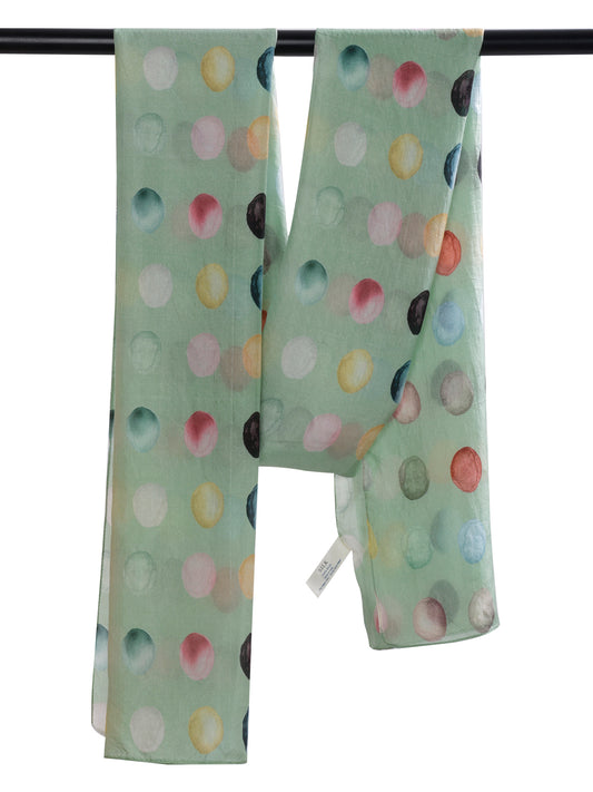 Midnight Polka Charm Scarf – Pure Silk Wrap | Multicolor Dot Print on Mint Green