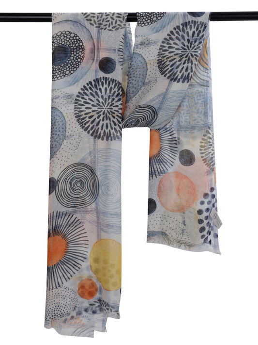 Solar Geometry Scarf – Pure Linen Wrap | Abstract Circle & Dot Print
