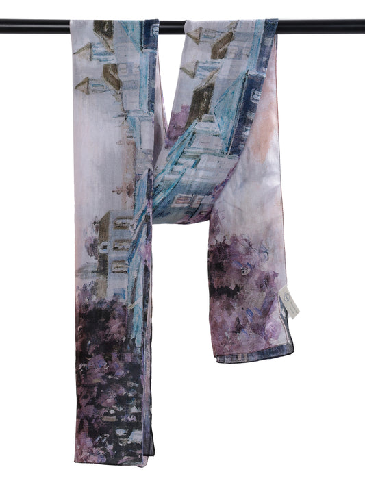 Canal Reflections Architectural Scarf – Pure Silk Designer Wrap | Pastel Cityscape Print