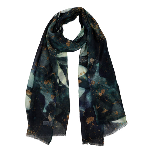 Green and Turquoise Leaves Print Merino Silk Designer Scarf