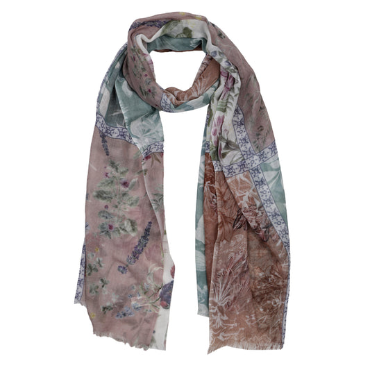 Botanical Patchwork Merino Silk Scarf – Vintage Floral Panels
