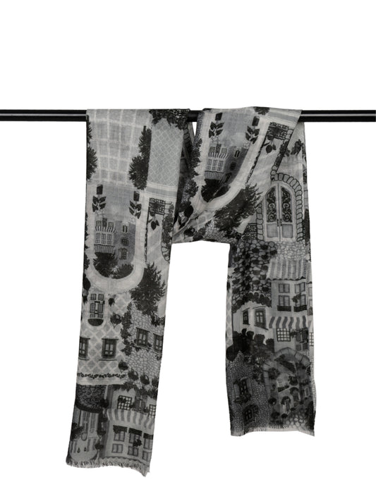 Italian Town Print Merino Silk Designer Scarf