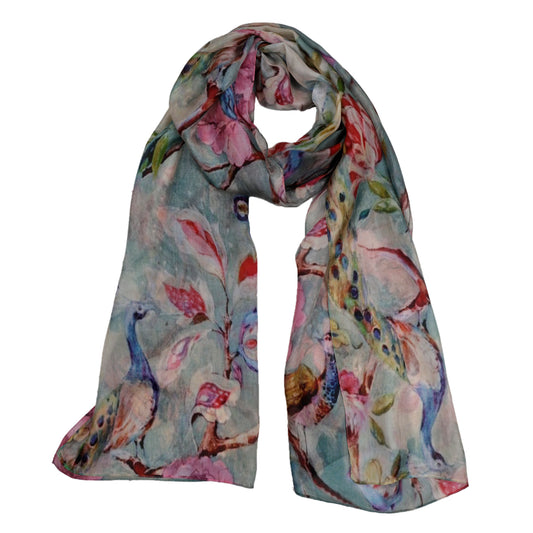 Garden Bird Print Pure Silk Designer Scarf