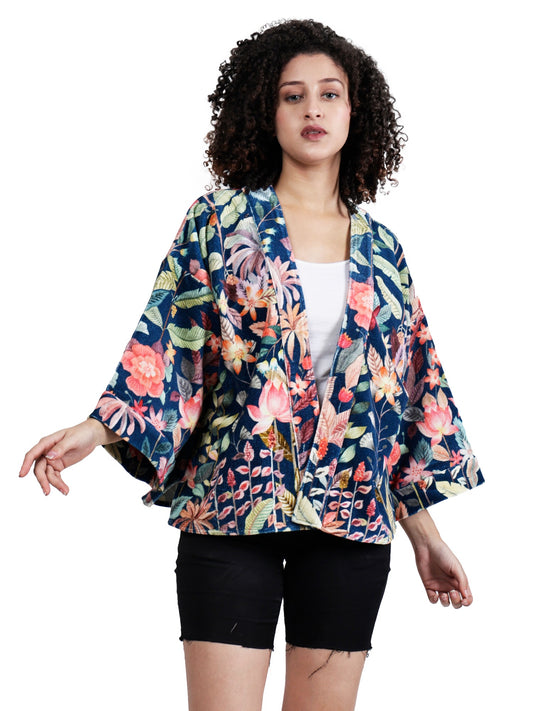 Midnight Lotus Garden Cotton Muslin Short Kimono – Navy Floral
