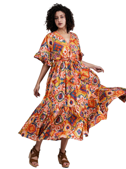 Abstract Screen Print Empire Waist Maxi Dress