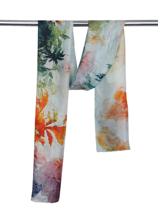 Tropical Horizon Floral Landscape Scarf – Pure Silk Designer Wrap | Watercolor Coastal Print