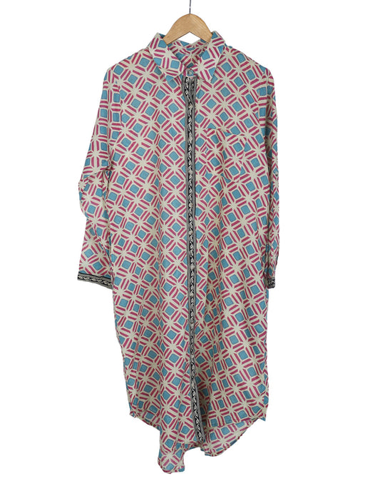 Geometrical Screen-Printed Mid-length Cotton shirt dress