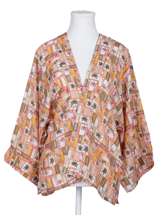 Tropical Palm Print Cotton Muslin Short Kimono