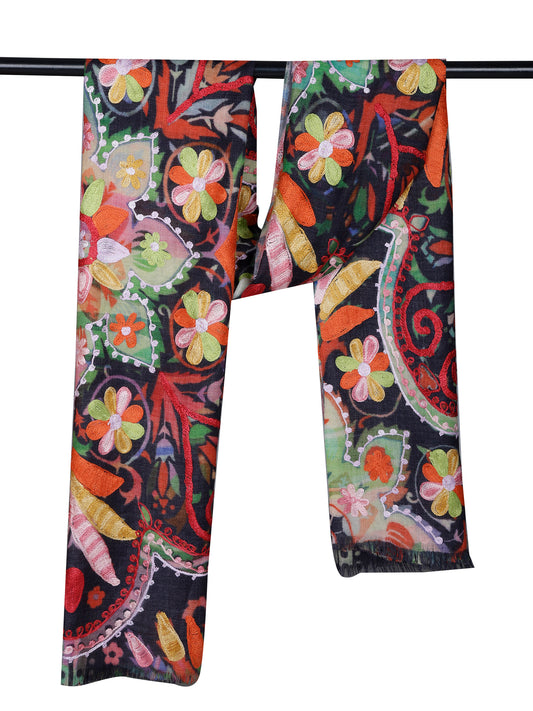 Machine-Embroidered Merino Wool Scarf – Multicolor Floral Artistic Winter Scarf