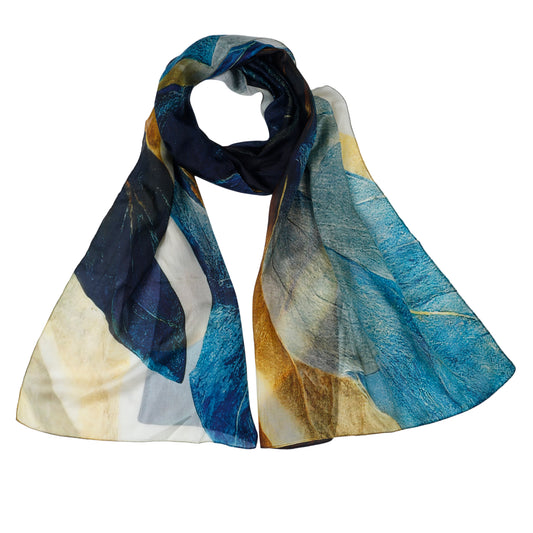 Golden Bloom Abstract Scarf – Pure Silk Designer Wrap | Blue & Gold Botanical Art Print