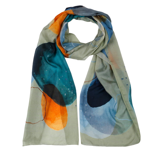 Ocean Ember Abstract Scarf – Contemporary Pure Silk Designer Wrap | Watercolor Art Print - earthy olive