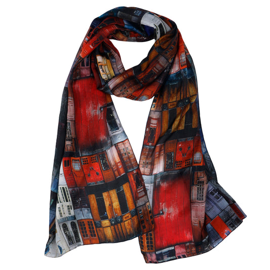 Architectural Red Doorway Art Scarf – Pure Silk Designer Wrap | Multicolor Abstract Heritage Print
