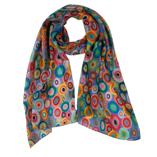 Kaleidoscope Circles Scarf – Pure Silk | Vibrant Geometric Abstract Designer Wrap - Grey base