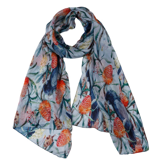 Grey Cockatoo Banksia Scarf – Pure Silk | Australian Native Bird & Floral Print