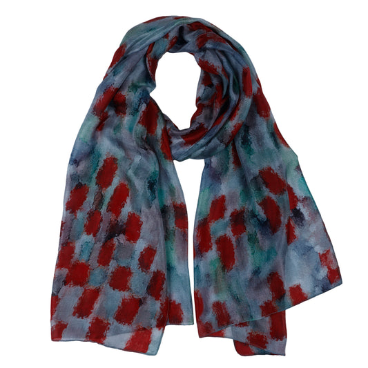Crimson Brushstrokes Abstract Print Pure Silk Designer Scarf | Modern Artistic Wrap