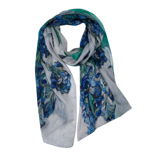 Van Gogh Irises Floral Scarf – Pure Silk Designer Wrap | Blue Botanical Art Print