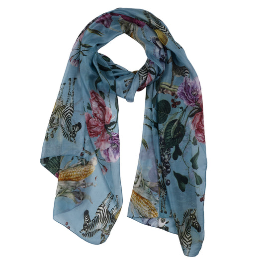 Savanna Bloom Botanical & Wildlife Scarf – Pure Silk Designer Wrap | Blue Artistic Australian Coastal Print