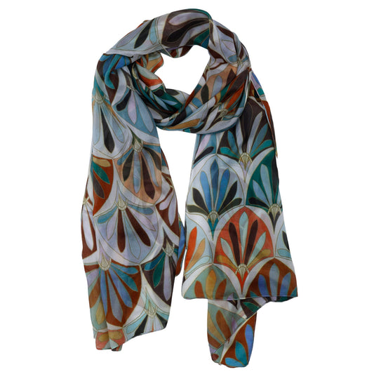 Art Deco Fans Abstract Scarf – Pure Silk Designer Wrap | Earthy Multicolor Pattern Pattern