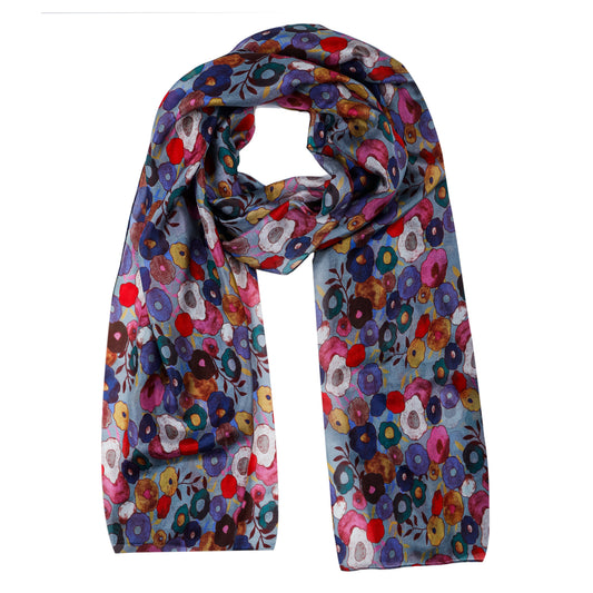 Meadow Bloom Scarf – Pure Silk Wrap | Multicolor Petite Flowers on Violet Grey
