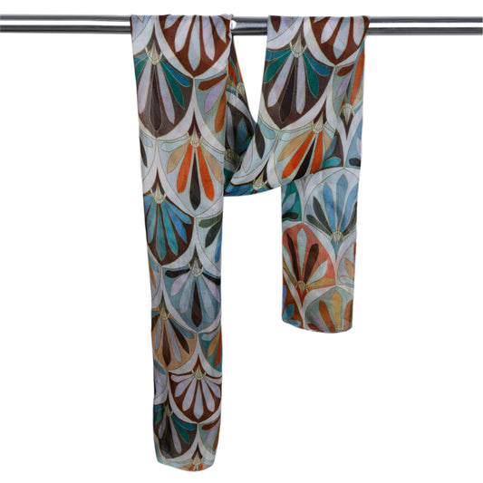 Art Deco Fans Abstract Scarf – Pure Silk Designer Wrap | Earthy Multicolor Pattern Pattern