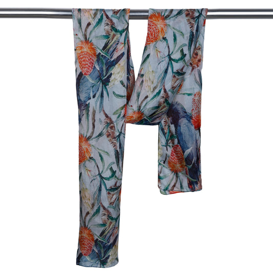 Grey Cockatoo Banksia Scarf – Pure Silk | Australian Native Bird & Floral Print