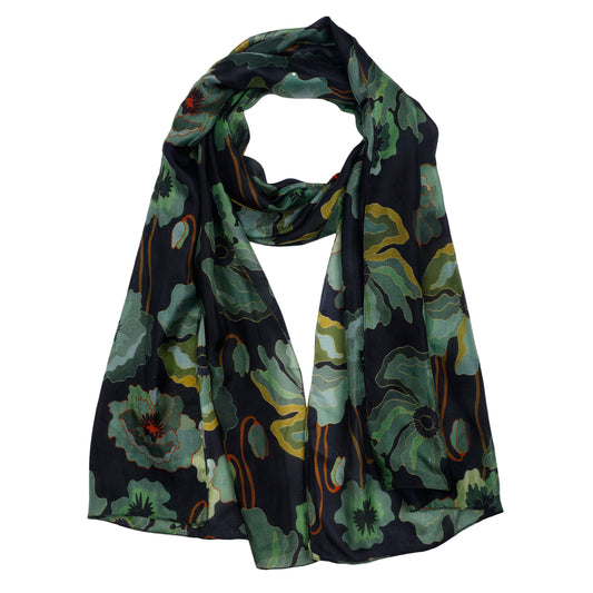 Midnight Bloom Poppies Floral Designer Scarf – Pure Silk Wrap | Black & Olive Green Botanical Print