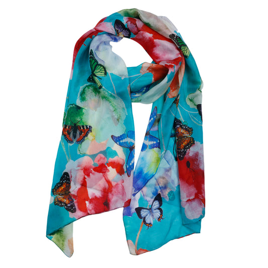 Butterfly Garden Floral Scarf – Pure Silk Designer Wrap | Vibrant Botanical Nature Print