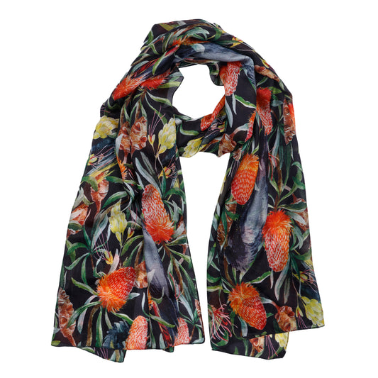 Black Cockatoo Banksia Scarf – Pure Silk | Australian Native Bird & Wildflower Print