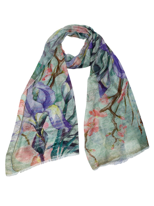 Iris Blossom Garden Scarf – Modal Silk Designer Wrap | Pastel Floral Botanical Print with Butterflies