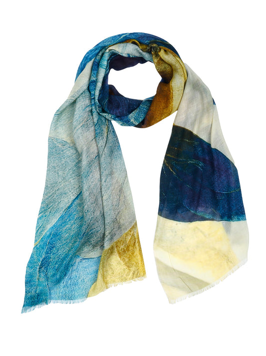 Golden Bloom Abstract Scarf – Fine Wool Designer Wrap | Blue & Gold Botanical Art Print