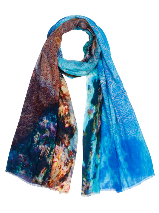 Ocean Reef Coral Australian Coastal Scarf – Fine Merino Wool Designer Wrap | Marine Nature Print