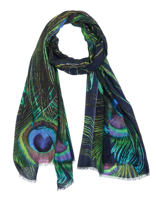 Peacock Feather Elegance Scarf – Pure Cashmere Wool Designer Wrap | Multicolour Peacock Bird Inspired Print- Black