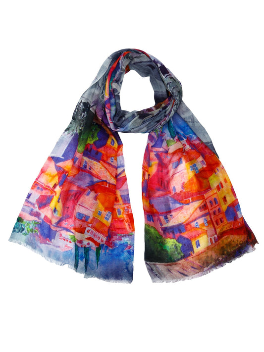 Mediterranean Village Art Scarf – Merino Wool Silk Designer Wrap | Colorful Architectural Print