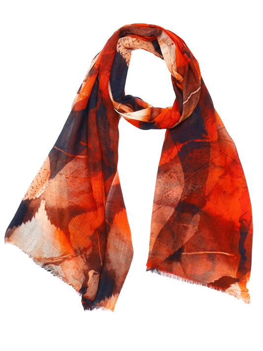 Fiery Leaf Abstract Scarf – Merino Wool Silk Designer Wrap | Red & Black Nature Inspired Print