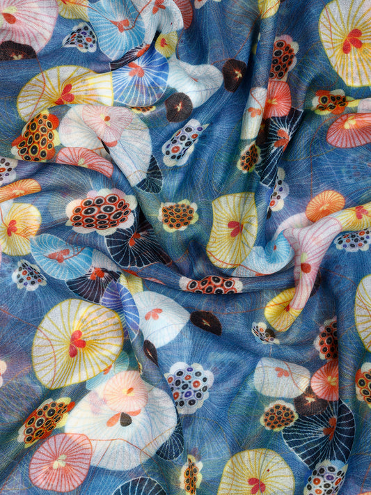 Lotus Leaves Japanese Floral Scarf – Pure Cashmere Wool Designer Wrap | Multicolor Nature Print