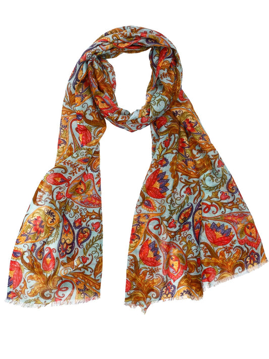 Royal Paisley Scarf – Merino Wool Silk Wrap | Vintage Floral Motifs on Aqua Blue