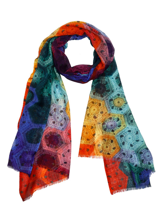 Rainbow Mosaic Geometric Scarf – Merino Wool Silk Designer Wrap | Multicolor Abstract Hexagon Print