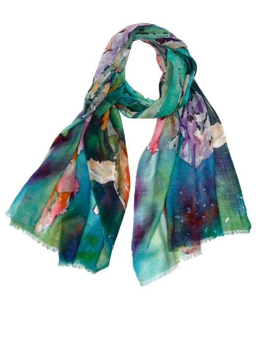 Watercolor Iris Garden Floral Scarf – Fine Merino Wool Designer Wrap | Artistic Botanical Print