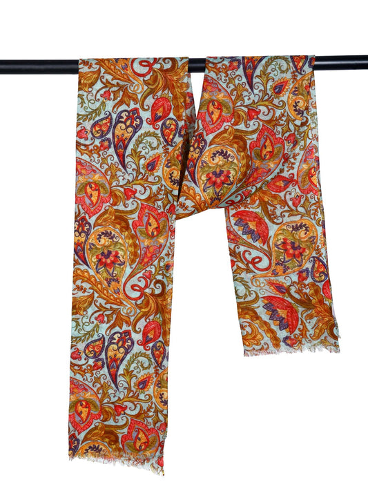 Royal Paisley Scarf – Merino Wool Silk Wrap | Vintage Floral Motifs on Aqua Blue