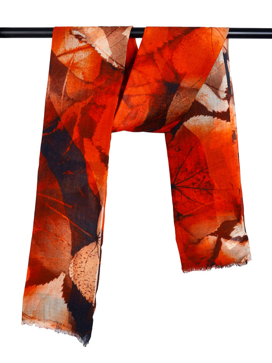 Fiery Leaf Abstract Scarf – Merino Wool Silk Designer Wrap | Red & Black Nature Inspired Print