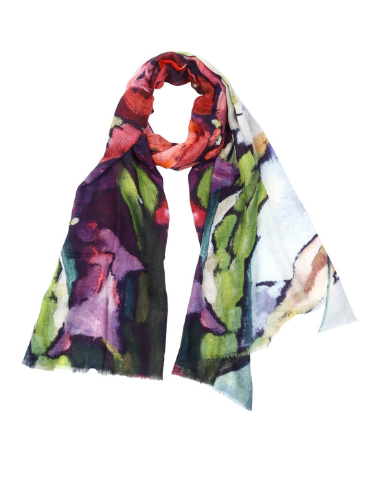 Painterly Bloom Abstract Floral Scarf – Fine Merino Wool Designer Wrap | Artistic Multicolor Print