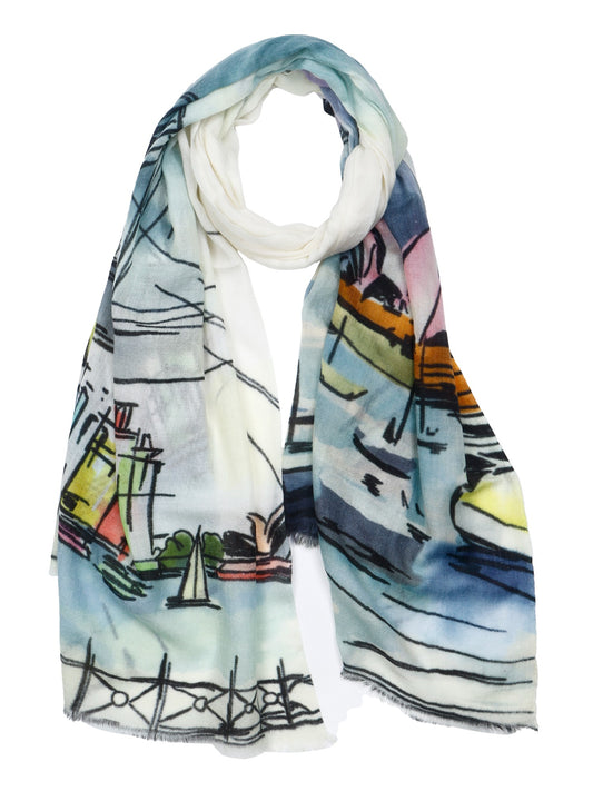 Sydney Harbour Dream Scarf – Fine Merino Wool | Opera House & Harbour Bridge Watercolour Wrap