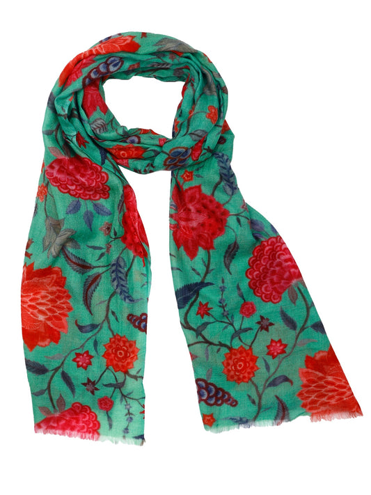 Botanical Bloom Scarf – Merino Fine Wool Wrap | Vibrant Pink & Red Flowers on Emerald Green
