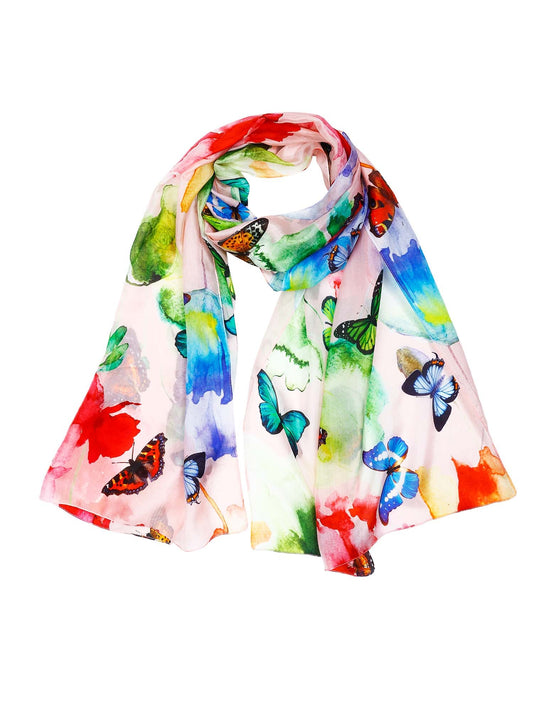 Blossom & Butterfly Garden Pure Silk Scarf – Watercolour Floral Print