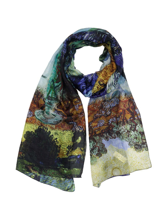 Van Gogh Inspired Abstract Landscape – Pure Silk Designer Scarf | Artistic Impressionist Old Master Wrap