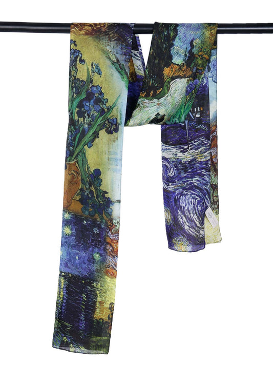 Van Gogh Inspired Abstract Landscape – Pure Silk Designer Scarf | Artistic Impressionist Old Master Wrap