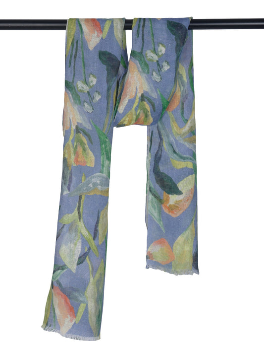 Azure Bloom Hand-Painted Floral Pure Linen Scarf | Artistic Designer Wrap