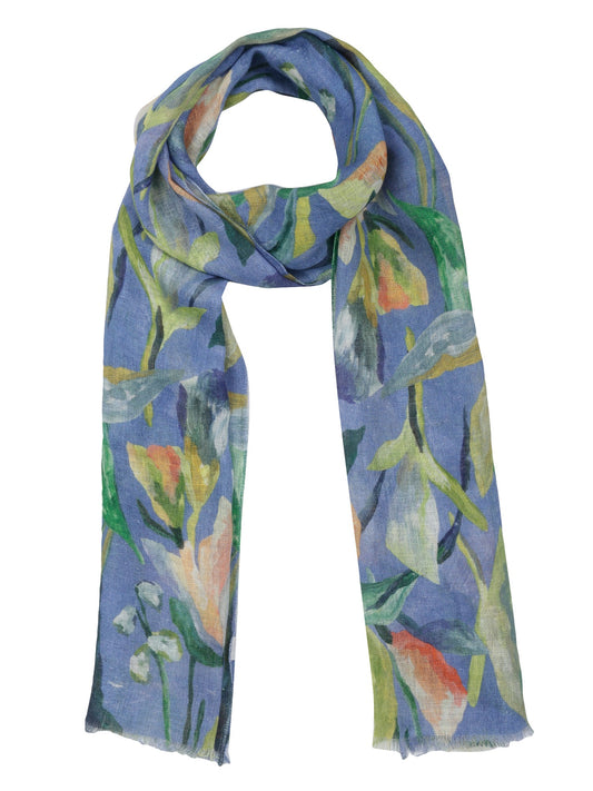 Azure Bloom Hand-Painted Floral Pure Linen Scarf | Artistic Designer Wrap