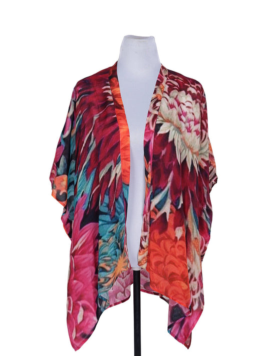 Japanese Chrysanthemum Red Viscose Crepe Kaftan Cape