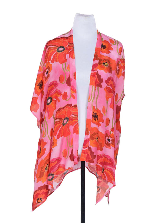 Peach and Orange Poppies Viscose Crepe Kaftan Cape